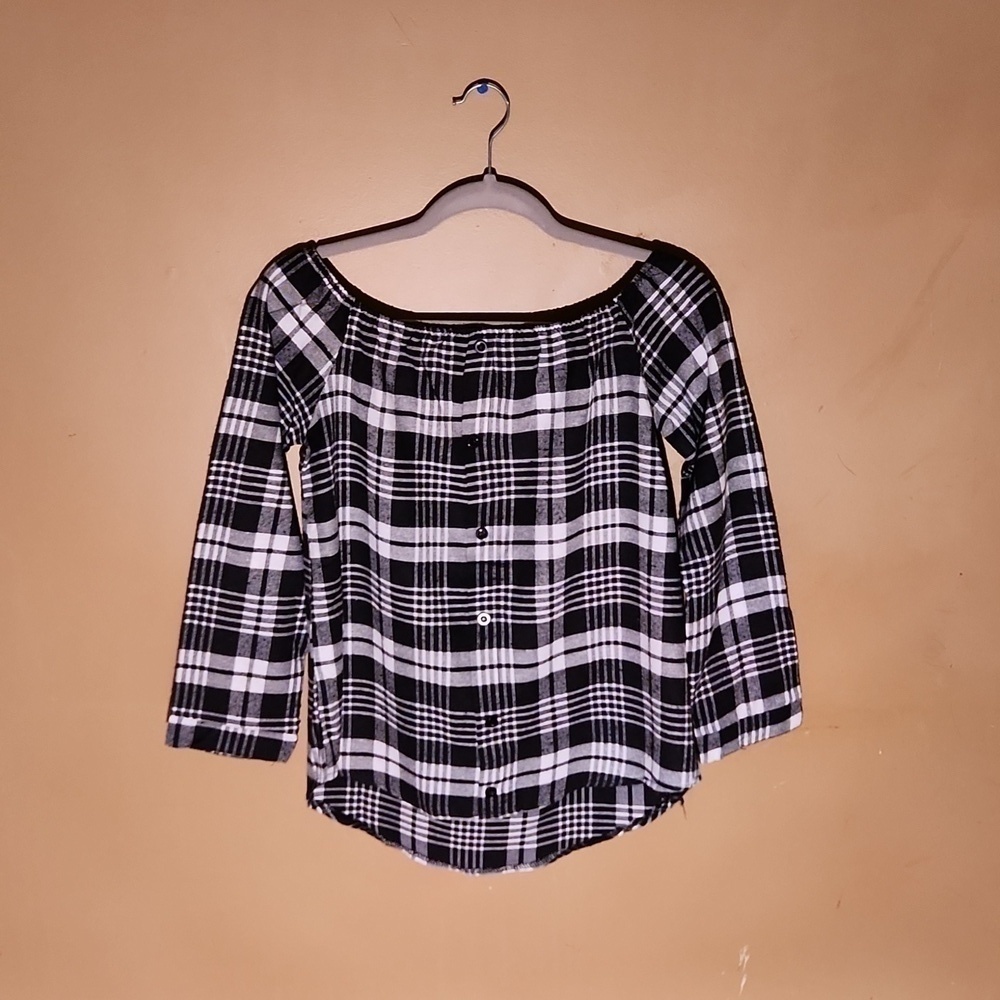 Off the Shoulder Plaid Blouse